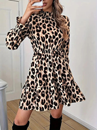 Kadın Uzun Kollu Yarı Balıkçı Yaka Leopar Desenli Modal Mini Elbise