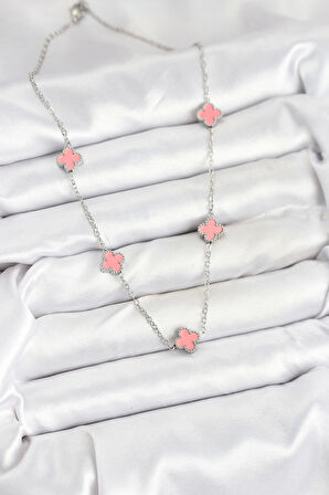 316L Çelik Zincir Gümüş Renk Pembe Baby Boy Yonca Kadın Kolye