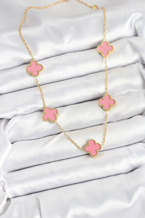316L Çelik Zincir Gold Pembe Renk Yonca Kadın Kolye