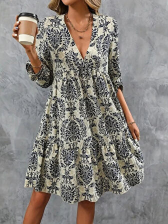 Kadın Uzun Kollu V Yakalı Fırfırlı Mini Süprem Elbise