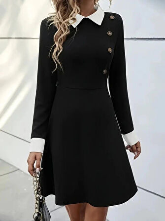 Kadın Uzun Kollu Yakalı Düğmeli Kısa Modal Mini Elbise