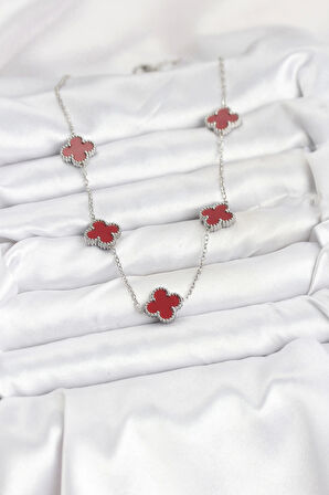 316L Çelik Zincir Gümüş Renk Bordo Renk Yonca Kadın Kolye