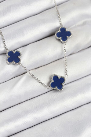 316L Çelik Zincir Gümüş Lacivert Renk Yonca Kadın Kolye