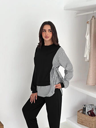 Kadın Gömlek Detay çizgili Yandan Bağlamalı Ikili Takım