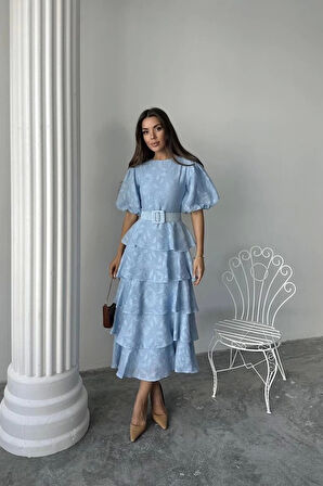 Bebe Mavi Kat Kat Balon Kollu Kemerli Elbise