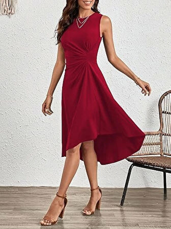 Kadın Sıfır Kollu Bisiklet Yaka Büzgülü Asimetrik Kesim Detaylı Janjan Krep Elbise