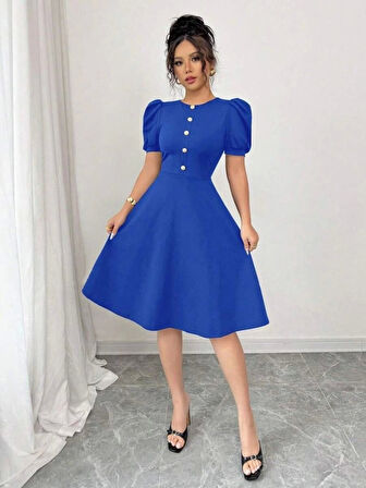 Kadın Kısa Kollu Bisiklet Yaka önden Düğmeli Ithal Krep Elbise