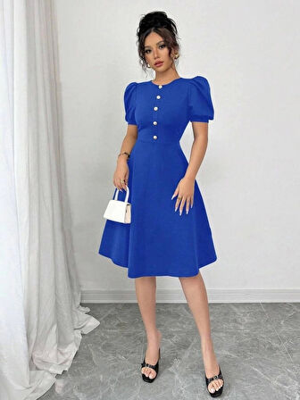 Kadın Kısa Kollu Bisiklet Yaka önden Düğmeli Ithal Krep Elbise