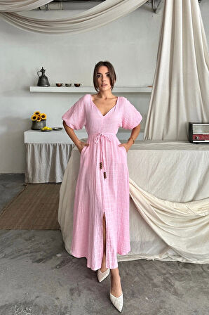 V YAKA BEL BONCUK BAĞLAMALI MÜSLİN ELBİSE YIRTMAÇ DETAYLI - Pembe