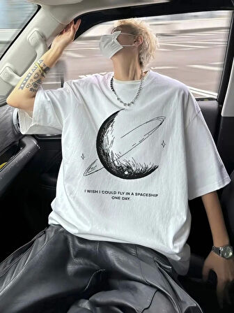 Baskılı Oversize Bisiklet Yaka T-shirt - Beyaz