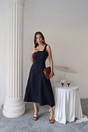 Lacivert Çift Dikişli Gabardin Elbise