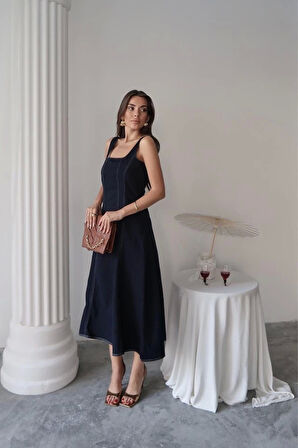 Lacivert Çift Dikişli Gabardin Elbise