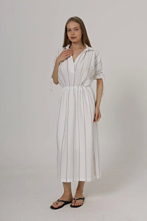 Beli Lastikli Elbise - Beyaz