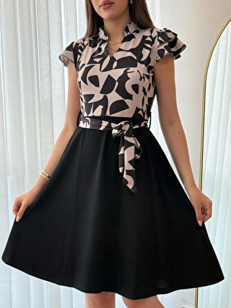 Kadın Kısa Kollu Kolu Fırfır Detay Mini Kuşaklı Kloş Krep Elbise