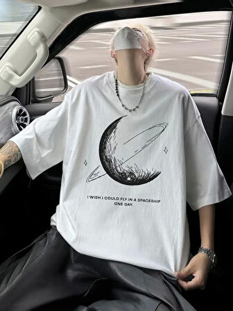 Baskılı Oversize Bisiklet Yaka T-shirt - Beyaz