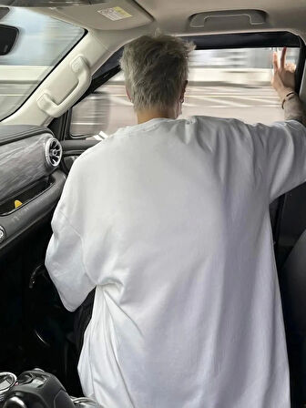 Baskılı Oversize Bisiklet Yaka T-shirt - Beyaz