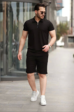 Erkek Yakalı Fermuarlı T-shirt şort Ikili Takım