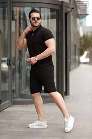 Erkek Yakalı Fermuarlı T-shirt şort Ikili Takım