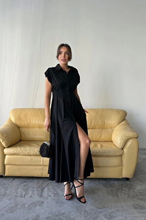 KOLSUZ VATKALI ÖNDEN DÜĞMELİ  BEL PENS DETAYLI POPLİN ELBİSE - Siyah