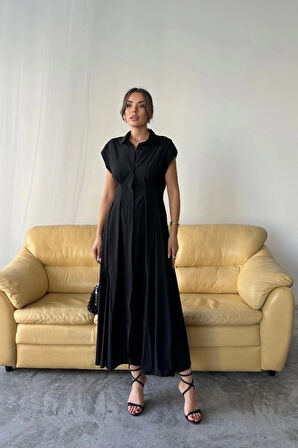 KOLSUZ VATKALI ÖNDEN DÜĞMELİ  BEL PENS DETAYLI POPLİN ELBİSE - Siyah