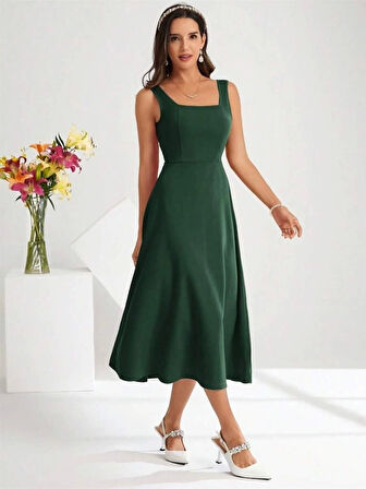 Kadın Askılı Kare Yakalı Midi Ithal Krep Elbise