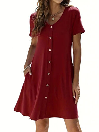 Kadın Kısa Kollu V Yaka önü Düğmeli Viskon Elbise