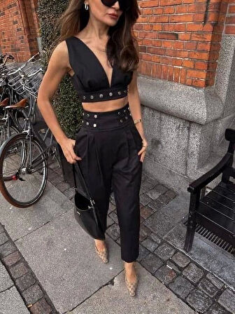 Kadın Double Krep Kumaş Düğme Aksesuar Detaylı Takım