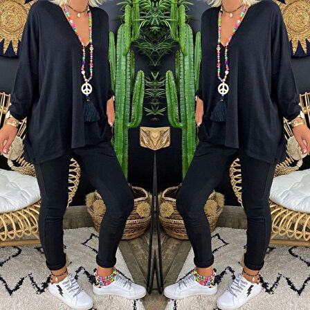 Kadın Uzun Kollu Derin V Yaka ön Kısa Arka Uzun Viskon Bluz