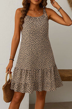 Kadın Boyundan Askılı Desenli Fırfırlı Süprem Elbise