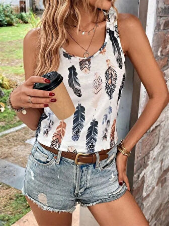 Kadın Sıfır Kollu V Yakalı Yaprak Desenli Süprem Bluz