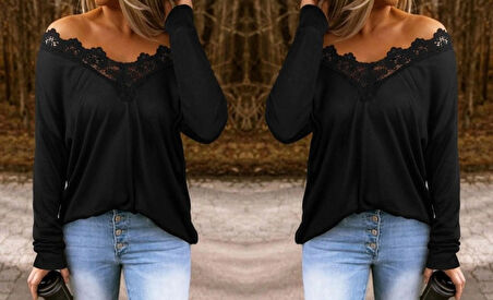 Kadın Uzun Kollu Yaka Güpür Detay Viskon Bluz