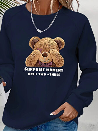 Kadın Uzun Kollu Bisiklet Yaka Ayıcık Desenli Viskon Iki Iplik Bluz