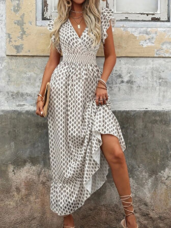 Kadın Kısa Kelebek Kollu Kruvaze Yakalı Desenli Süprem Elbise