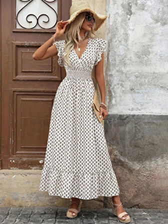 Kadın Kısa Kelebek Kollu Kruvaze Yakalı Desenli Süprem Elbise