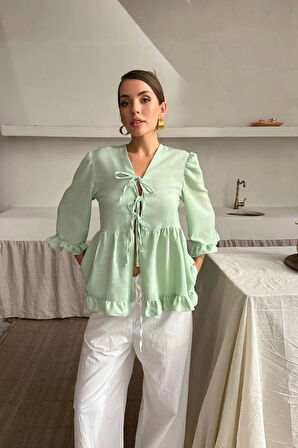 KETEN BLUZ ÖNDEN BAĞLAMALI FIRFIR DETAYLI - Yeşil