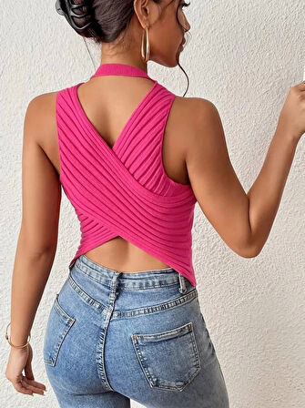 Kadın Sıfır Kol Sırt çapraz Detay Triko Bluz