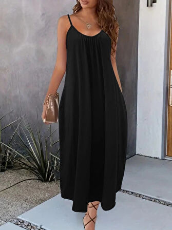 Kadın Ip Askılı Geniş V Yakalı Cepli Viskon Elbise