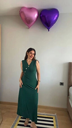 Kadın Kruvaze Yaka Düğme Detay Maxi Boy Elbise