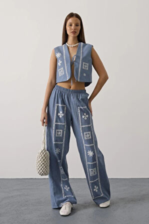 Baskılı Önü Bağlamalı Yelekli Takım - İndigo