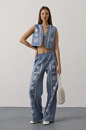 Baskılı Önü Bağlamalı Yelekli Takım - İndigo