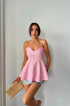 ÇİZGİLİ GOFRE ASKILI PENS DETAYLI BLUZ - Pembe