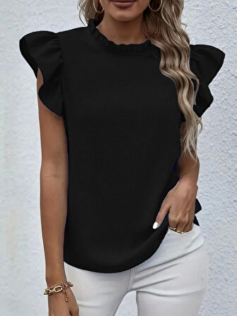 Kadın Kısa Kollu Fırfır Yakalı Bürümcük Bluz