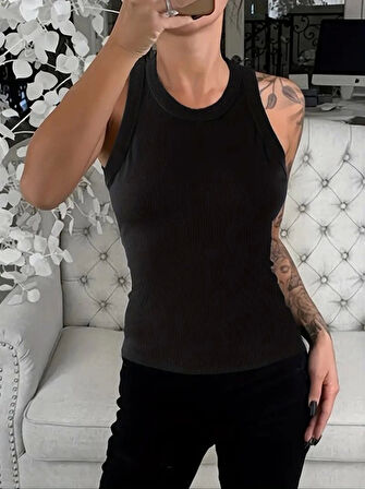 Kadın Kolsuz Yuvarlak Yaka Kalın Fitilli şardonlu Kaşkorse Bluz