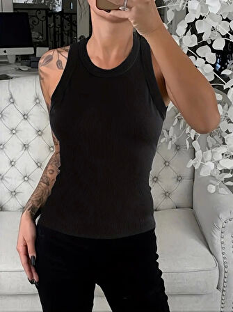 Kadın Kolsuz Yuvarlak Yaka Kalın Fitilli şardonlu Kaşkorse Bluz