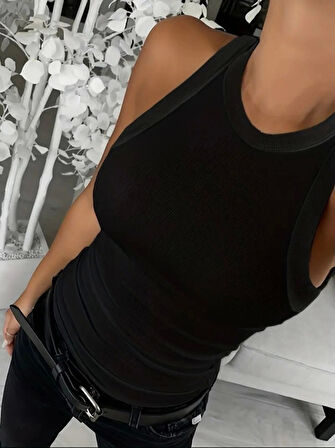 Kadın Kolsuz Yuvarlak Yaka Kalın Fitilli şardonlu Kaşkorse Bluz