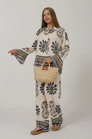 Desenli Kolları Volanlı Pantolon Takım - Antrasit