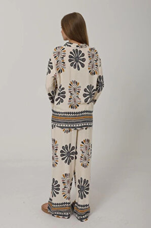 Desenli Kolları Volanlı Pantolon Takım - Antrasit