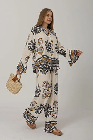 Desenli Kolları Volanlı Pantolon Takım - Antrasit