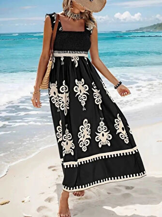 Kadın Askılı Kare Yaka Gipe Detaylı Desenli Suprem Elbise