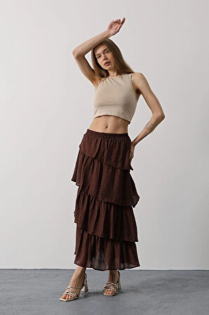 Katlı Kesim Uzun Etek - Kahve
